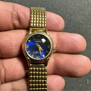 Swanson Miyota Ladies Quartz Watch Gold Tone Blue Dial Working New Battery WR